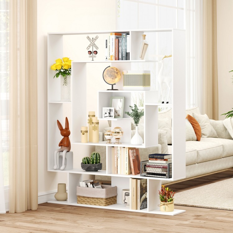 7-tier white bookshelf with geometric design, layered compartments, and anti-tipping kits for home office storage.