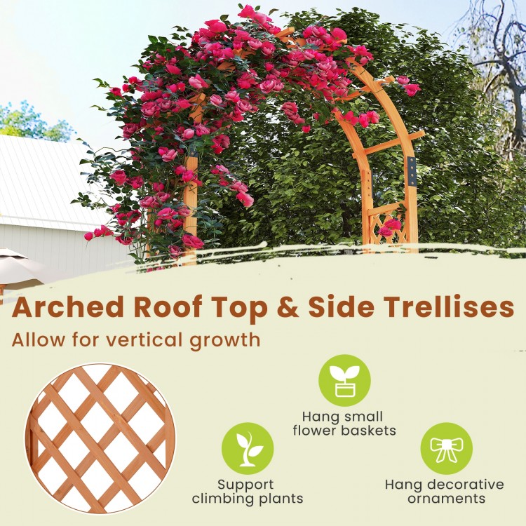 Wooden garden arch with arched roof and side trellises, perfect for climbing plants and decorative hanging items.