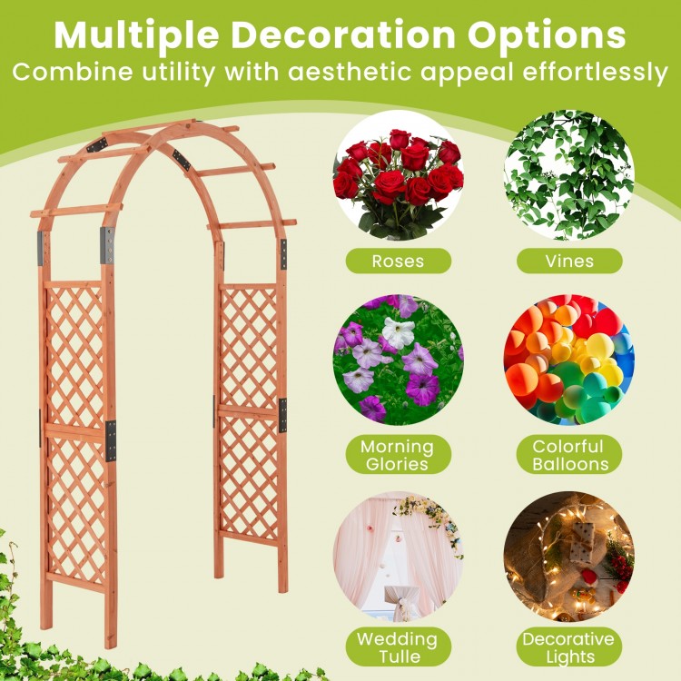 7.7 feet wooden garden arch with lattice trellises, ideal for climbing plants and decorative displays in outdoor spaces.
