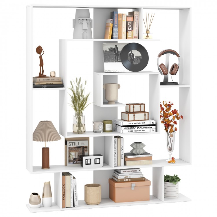 7-tier white bookshelf with layered compartments and decorative items, ideal for home office or living room display.