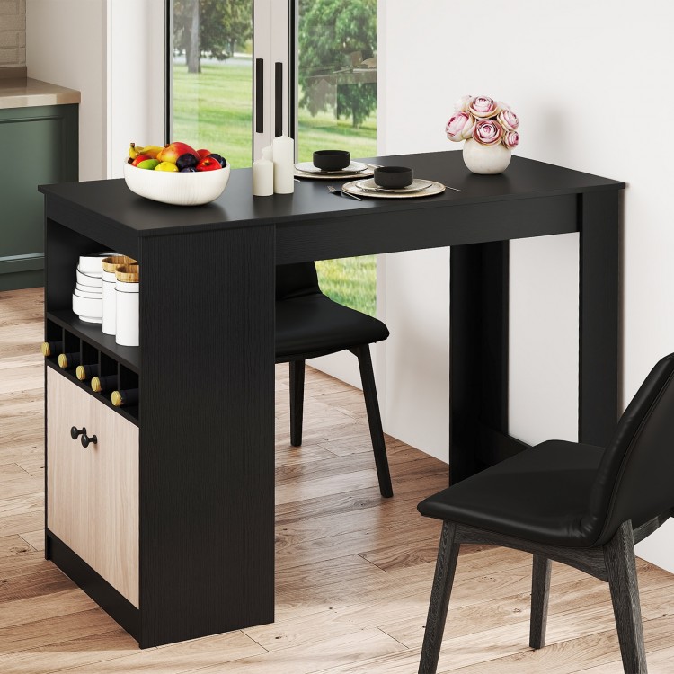Black 48-inch bar table with storage cabinet, wine rack, and adjustable shelf, perfect for home or café use.