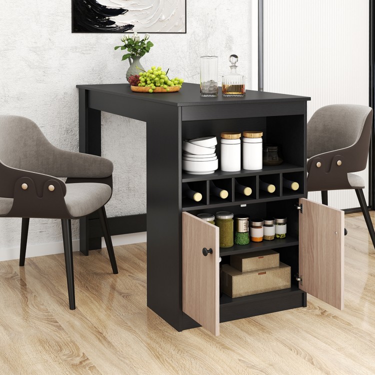 Black 48-inch bar table featuring a storage cabinet, wine rack, and adjustable shelf, ideal for home or commercial use.