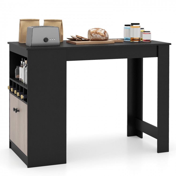 48-inch black bar table with storage cabinet, wine rack, and adjustable shelf, ideal for home or coffee shop use.