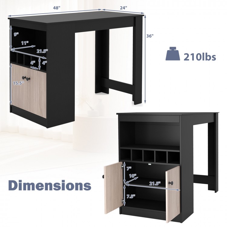 48-inch black bar table with storage cabinet, wine rack, and adjustable shelf, ideal for home or commercial use.