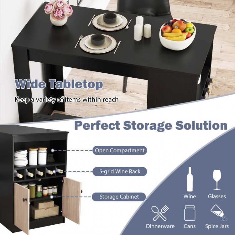 48-inch black bar table featuring a wide tabletop, storage cabinet, and 5-grid wine rack for versatile organization.