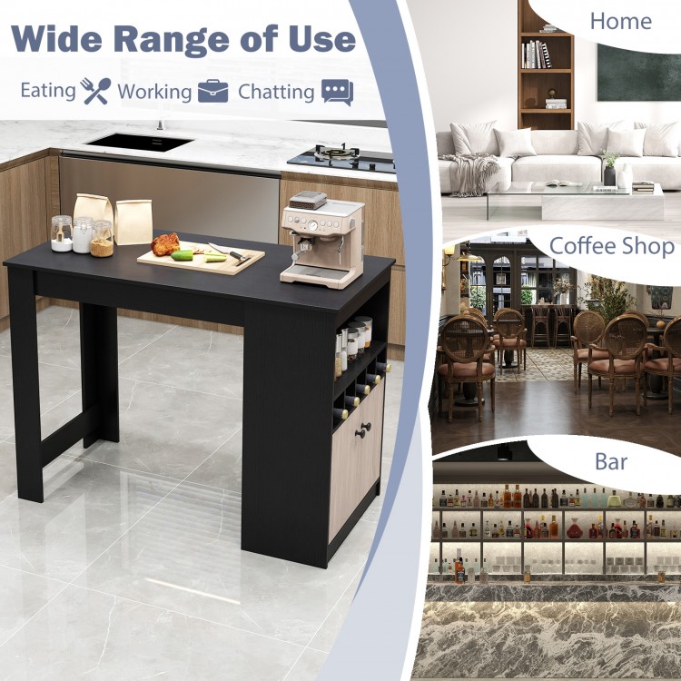 Black 48-inch bar table with storage cabinet and wine rack, ideal for home, coffee shops, and bars.