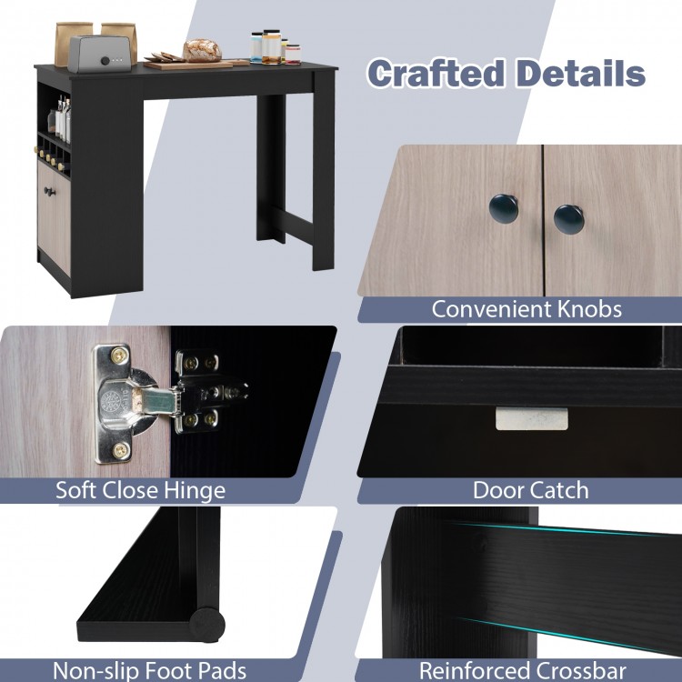 Close-up of the 48-inch black bar table showcasing soft close hinge, convenient knobs, and reinforced crossbar for.