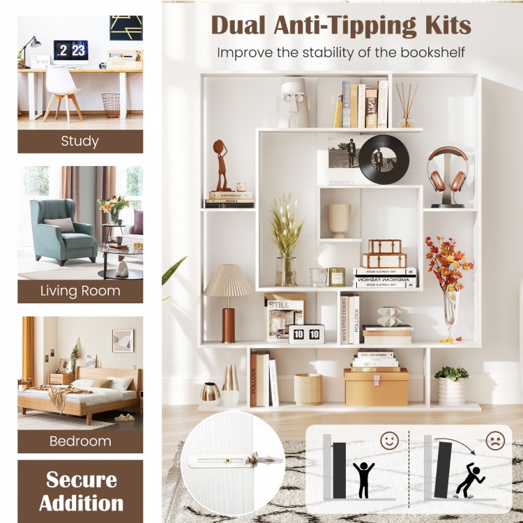 7-tier white bookshelf with geometric design and dual anti-tipping kits for stability, ideal for home office or living.