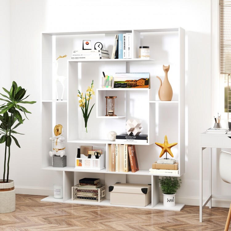 7-tier white bookshelf with layered compartments and geometric design, ideal for home office or living room decor.