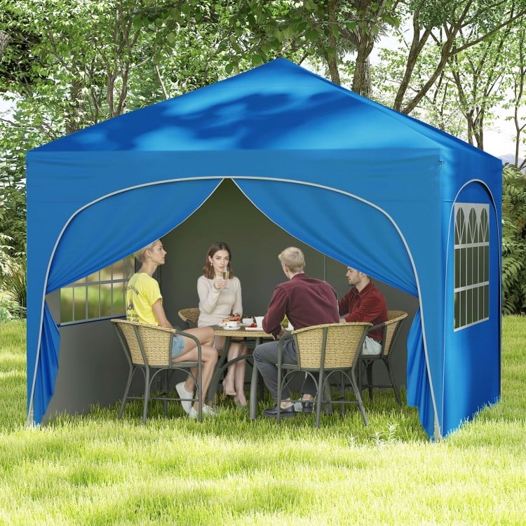 Pop-up canopy tent in blue with four removable sidewalls, ideal for outdoor picnics and events.