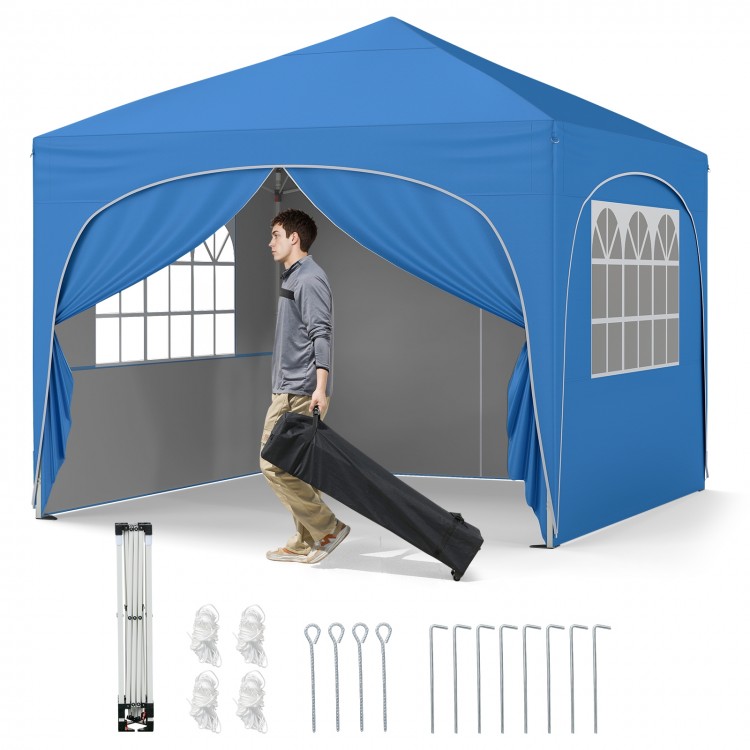 Pop-up canopy tent with removable sidewalls in blue, ideal for outdoor events like picnics and BBQs, easy setup and.