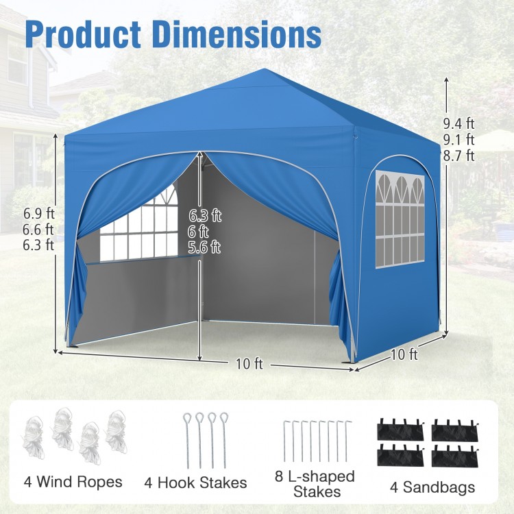 10x10 ft blue pop-up canopy tent with 4 removable sidewalls, ideal for outdoor events and sun protection.