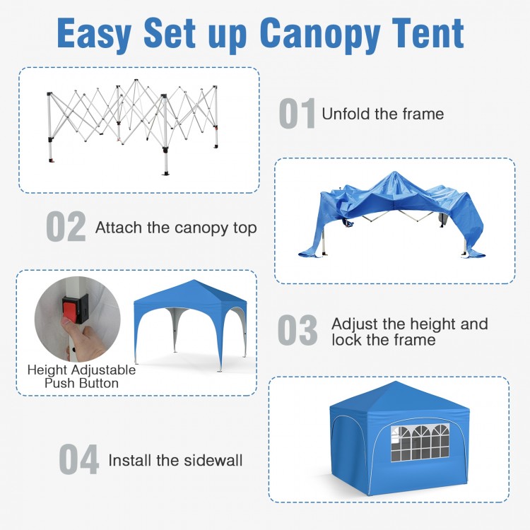 Pop-up canopy tent with blue oxford fabric, featuring 4 removable sidewalls, ideal for outdoor events and gatherings.