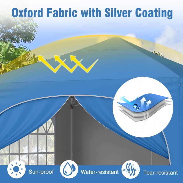 Blue pop-up canopy tent with silver coating, water-resistant oxford fabric, ideal for outdoor events and sun protection.