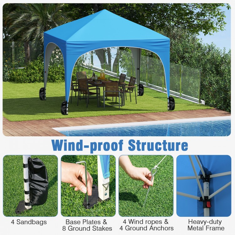Pop-up canopy tent with blue water-repellent fabric, removable sidewalls, and sturdy metal frame for outdoor events.