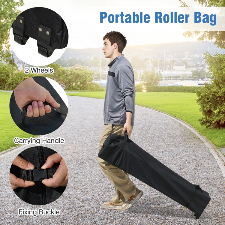 Portable roller bag with 2 wheels and carrying handle for easy transport of a 10x10 FT pop-up canopy tent.