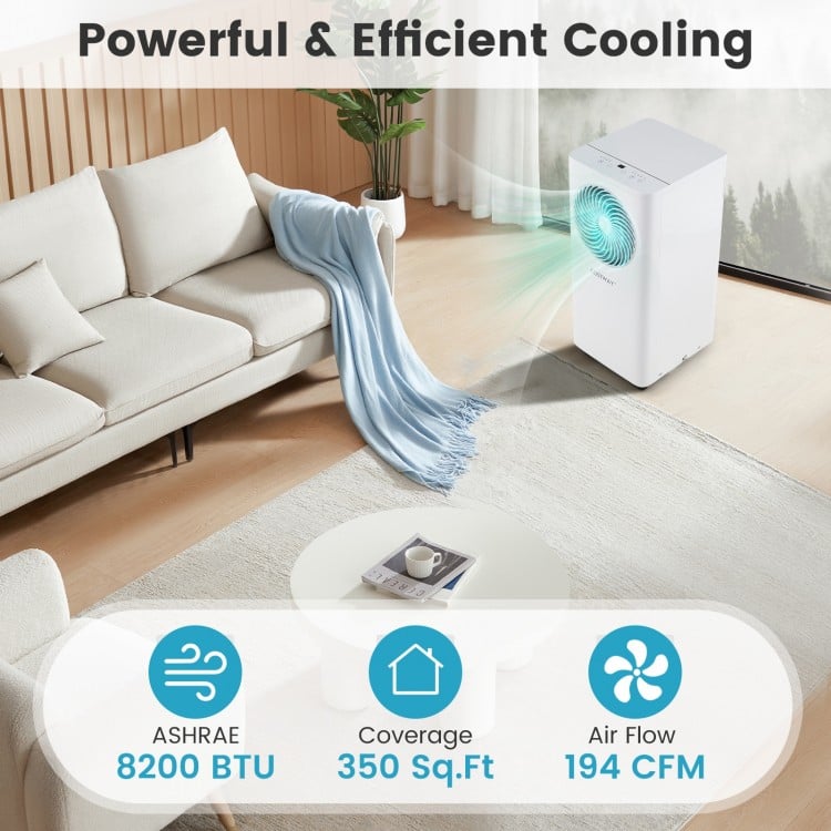 Portable air conditioner with 8200 BTU cooling capacity, 350 sq. ft. coverage, and 194 CFM airflow for efficient.