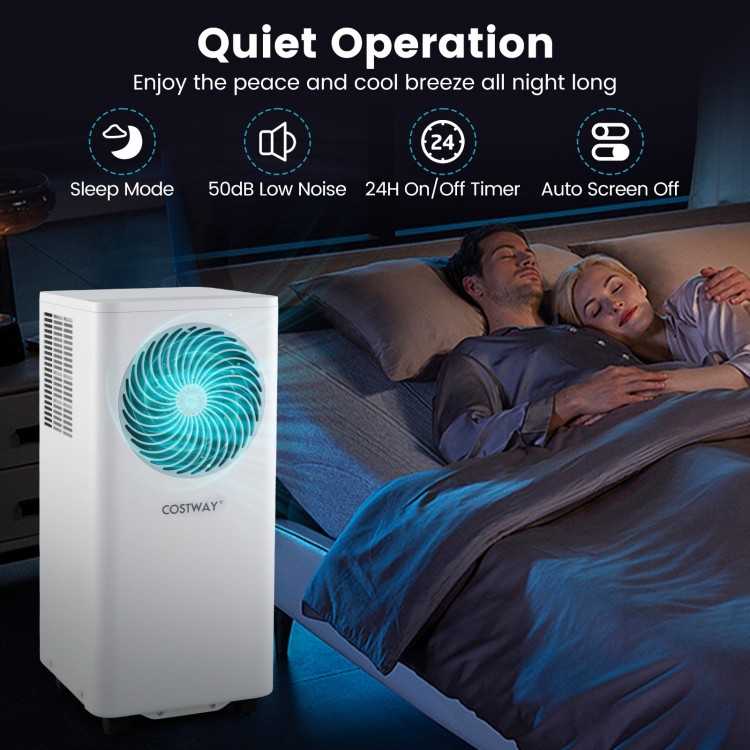 Portable air conditioner with 8200 BTU cooling, featuring sleep mode, remote control, and 24-hour timer for efficient.