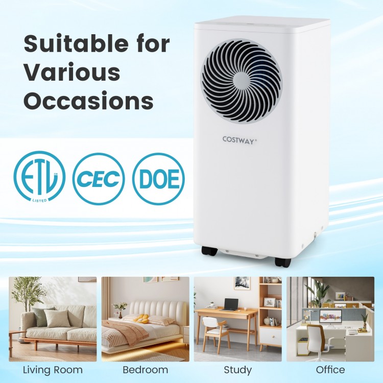 Portable 8200 BTU air conditioner with dehumidifier, featuring 3 modes and easy mobility for home or office use.