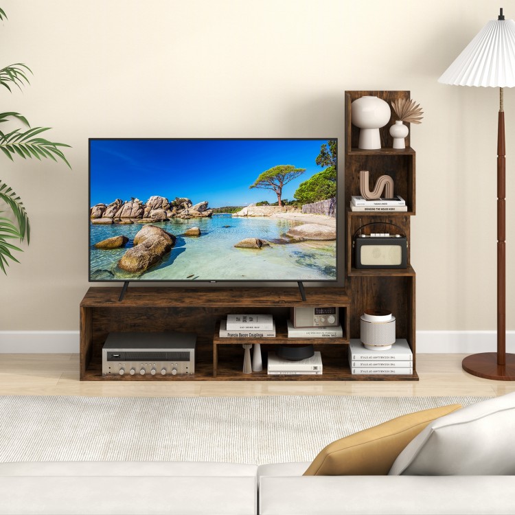 Cube TV stand in rustic brown with L-shaped shelves, designed for TVs up to 50 inches, ideal for living room storage.