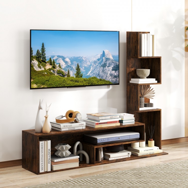 Cube TV stand in rustic brown with L-shaped shelves, designed for TVs up to 50 inches, perfect for living room storage.
