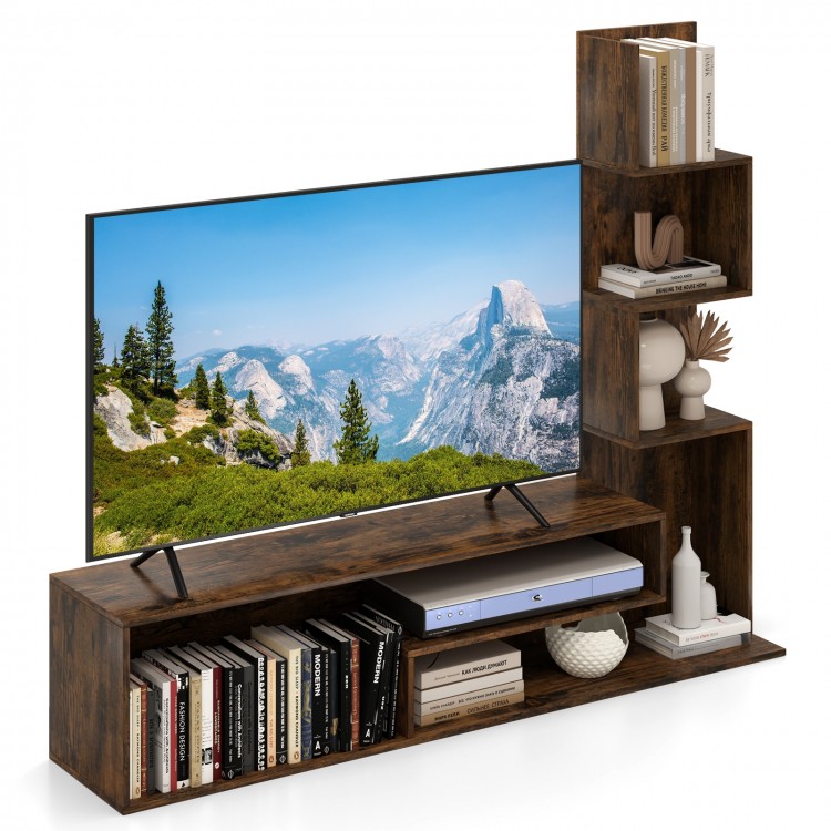 Cube TV stand in rustic brown with L-shaped shelves, ideal for TVs up to 50 inches and versatile storage options.