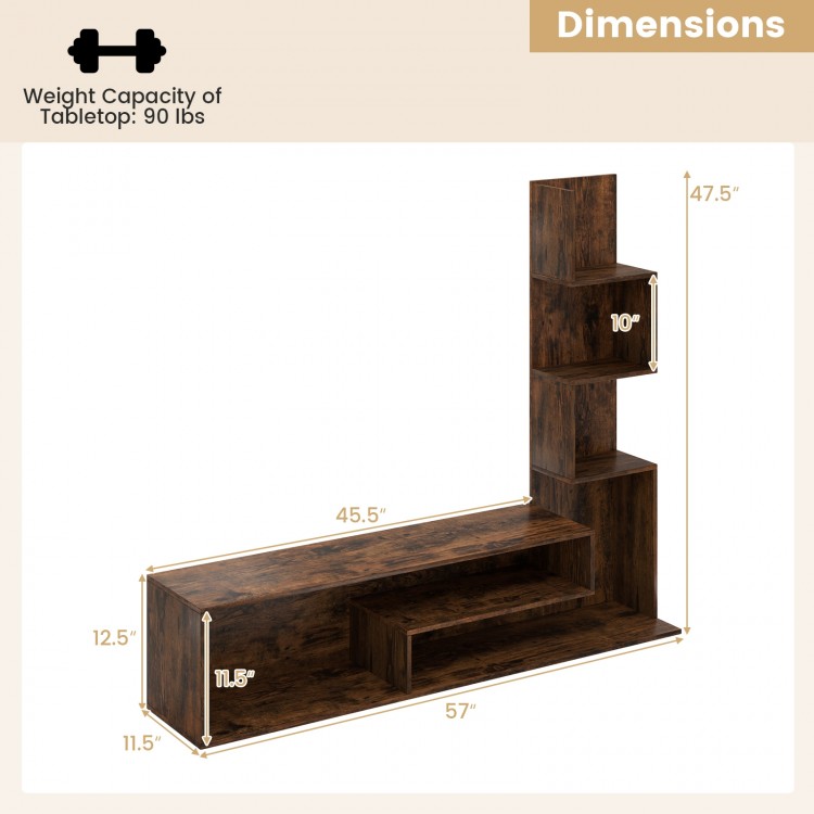 L-shaped Cube TV stand in rustic brown, featuring dimensions and weight capacity for TVs up to 50 inches, ideal for.