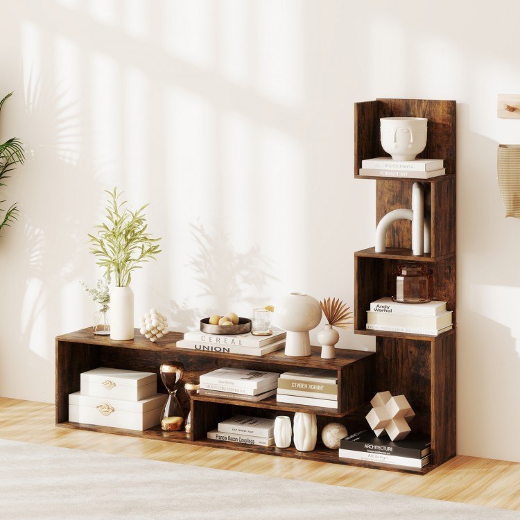 Cube TV stand in rustic brown with L-shaped shelves, perfect for TVs up to 50 inches and versatile storage options.