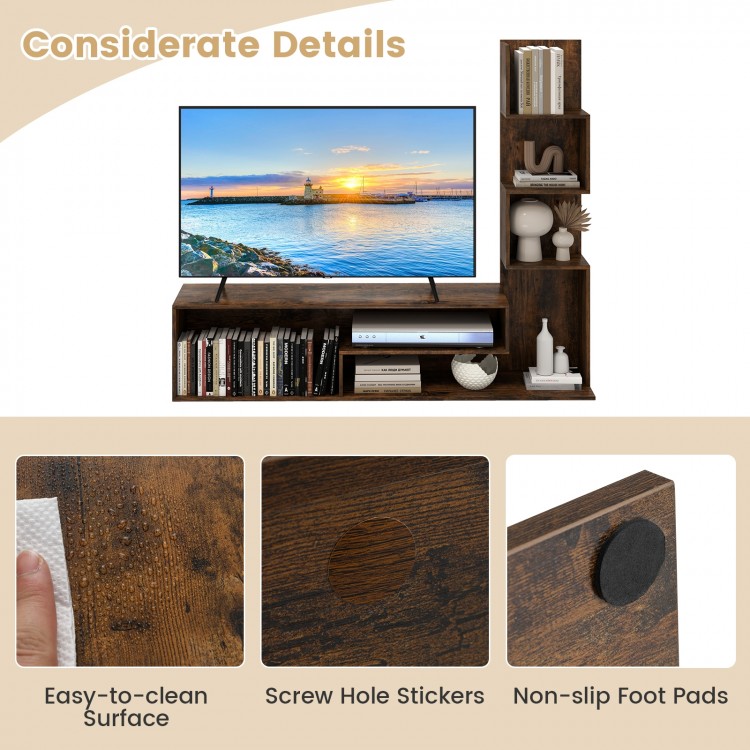 Cube TV stand in rustic brown with L-shaped shelves, non-slip foot pads, and easy-to-clean surface for versatile.