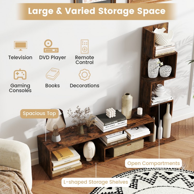 Cube TV stand in rustic brown with L-shaped shelves, spacious top for TVs up to 50 inches, ideal for living room.