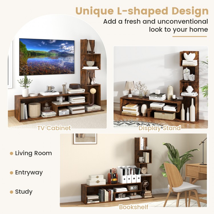 L-shaped Cube TV Stand in rustic brown, featuring versatile storage for TVs up to 50 inches, ideal for living rooms.