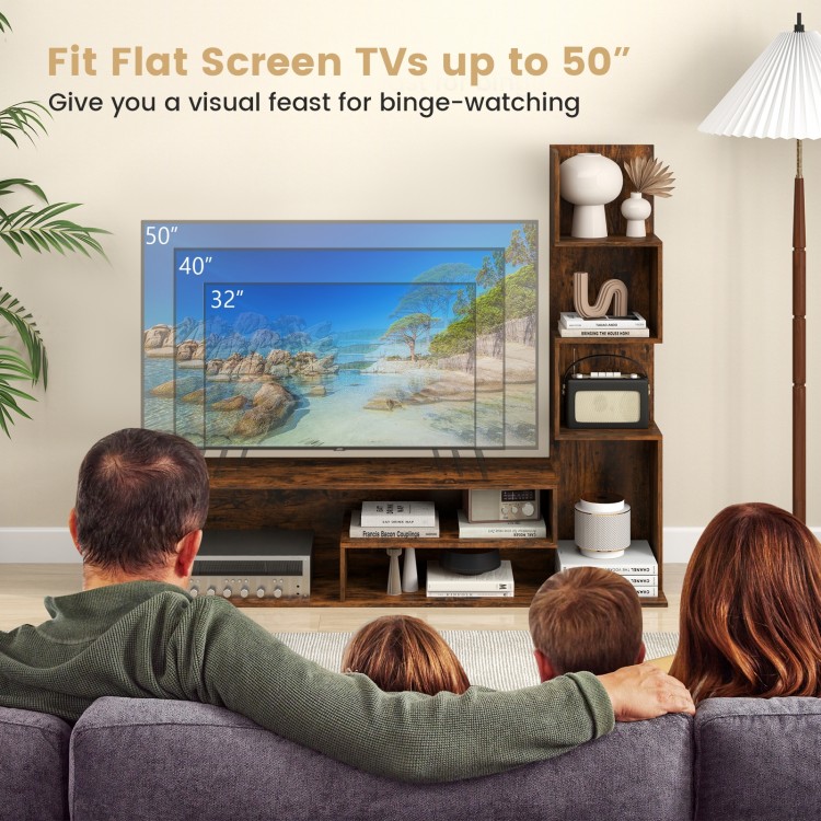 Cube TV stand in rustic brown, supporting TVs up to 50 inches, featuring L-shaped shelves for versatile storage.