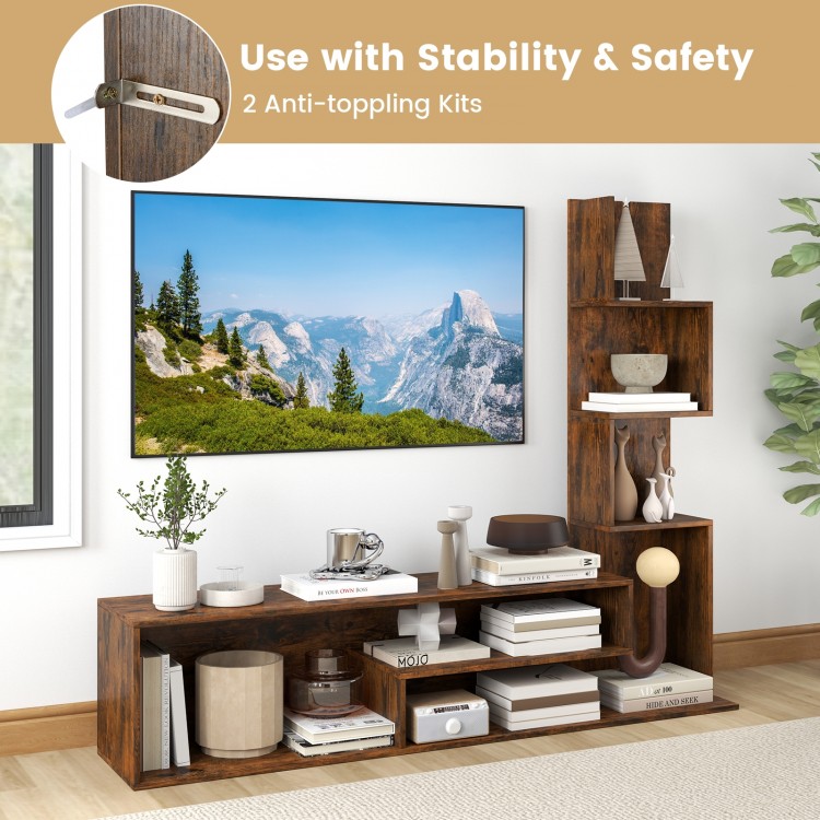 Cube TV stand in rustic brown with L-shaped shelves, anti-toppling kits, and ample storage for TVs up to 50 inches.