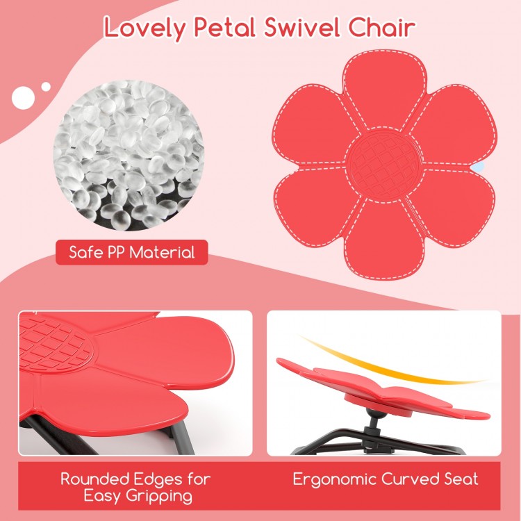 Red petal-shaped kids sensory swivel chair with ergonomic curved seat and rounded edges for safety and comfort.