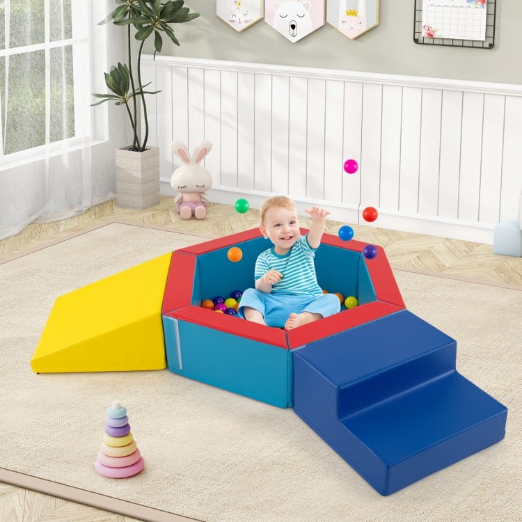 Colorful 3-piece baby foam climbing blocks set with ocean balls, featuring a ball pit and steps for active play.