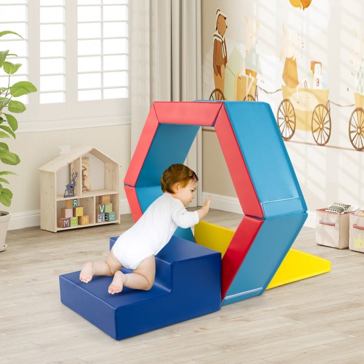 Colorful 3-piece baby foam climbing blocks set with a ball pit, perfect for motor skills and playroom fun.