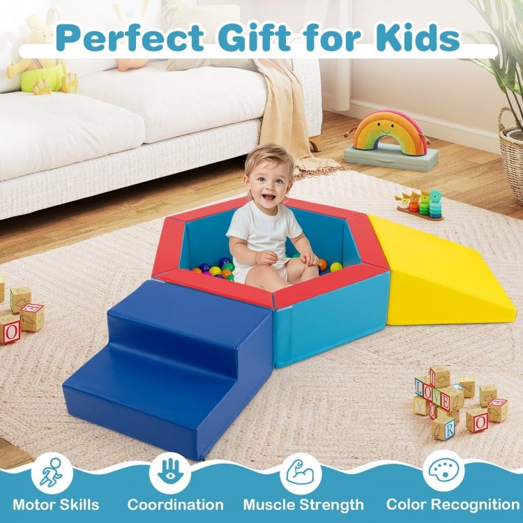 Colorful 3-piece baby foam climbing blocks set with ocean balls, ideal for motor skills and coordination in playrooms.