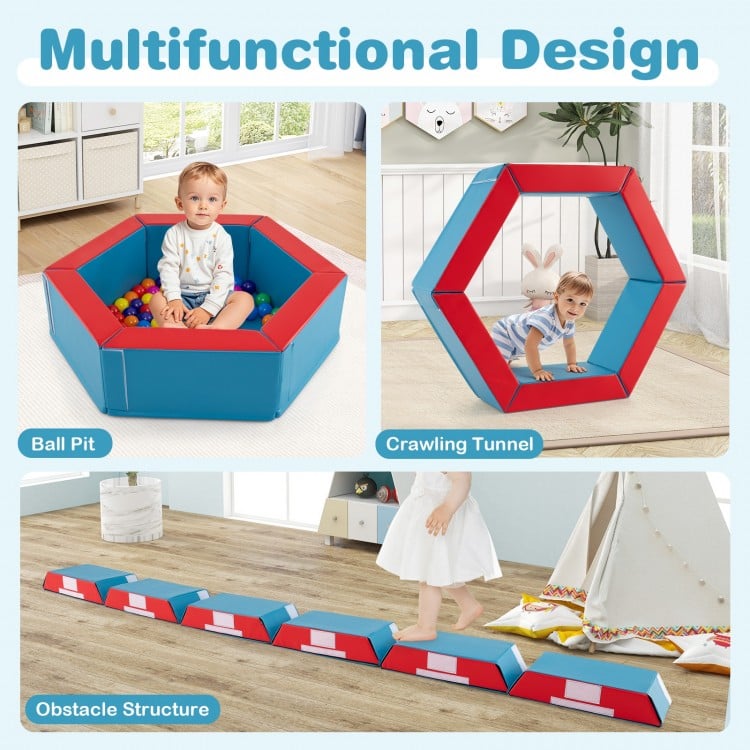 Colorful 3-piece baby foam climbing blocks set with ball pit, crawling tunnel, and obstacle structure for playrooms.