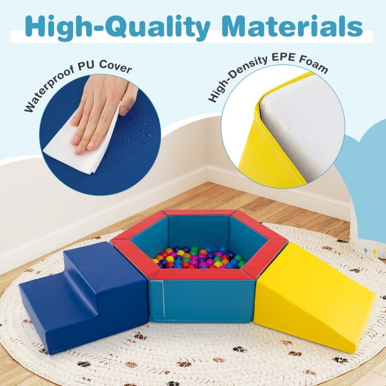3-piece baby foam climbing blocks set with waterproof PU cover and 100 colorful ocean balls for playroom fun.