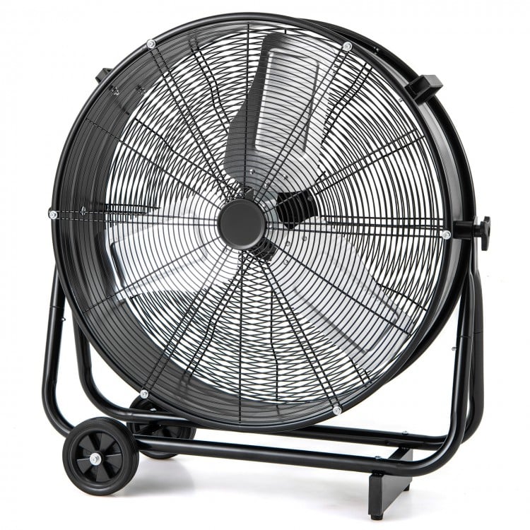 Industrial drum fan with 2 wheels, 360-degree tilt, and heavy-duty metal construction for efficient ventilation.