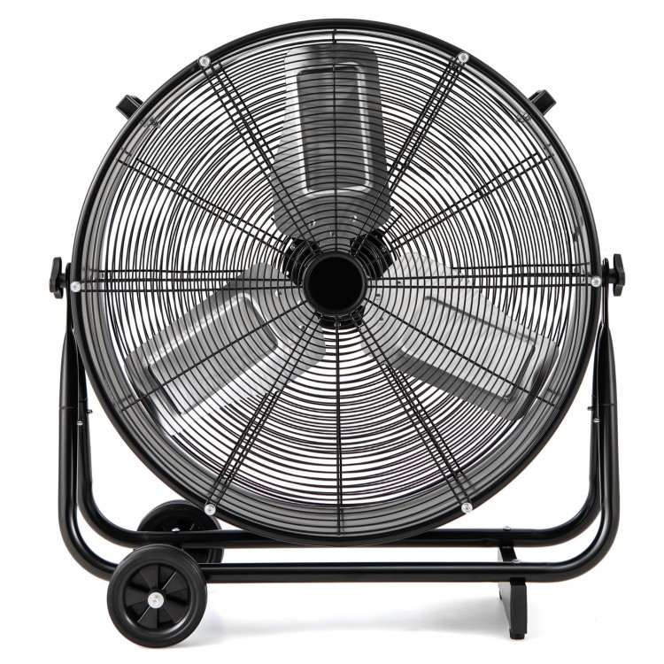 Industrial drum fan in black with 3 speed options, 360-degree tilt, and 2 wheels for easy mobility and airflow control.