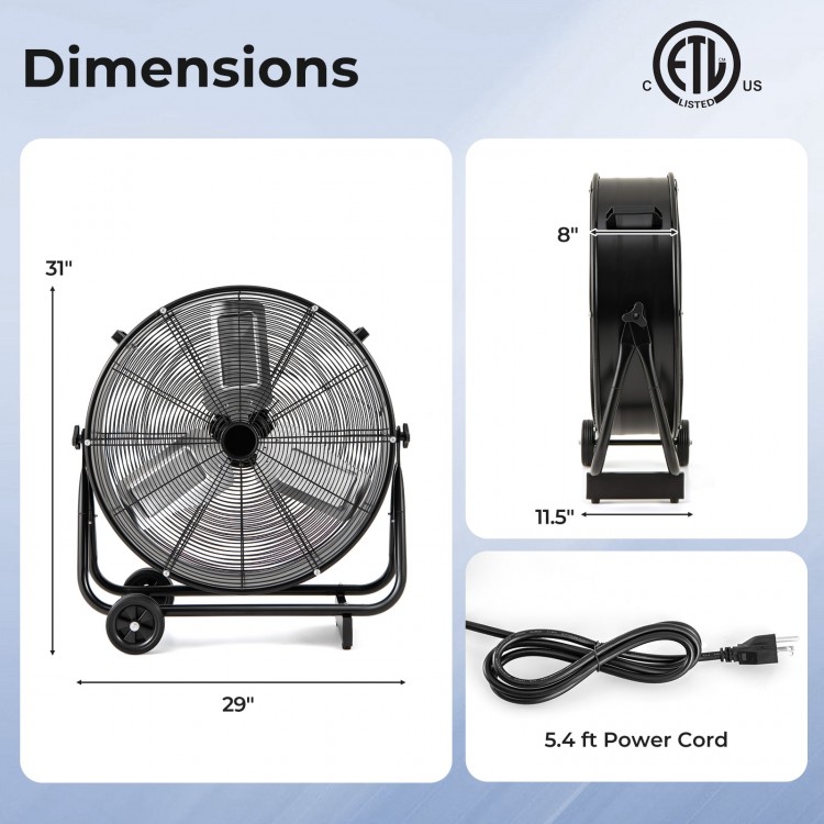 Industrial drum fan with 360-degree tilt, 3 speed options, and heavy-duty metal construction for efficient airflow.
