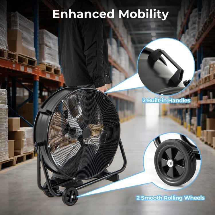 Industrial drum fan with 2 wheels and handles, featuring 360-degree tilt and sturdy metal construction for efficient.