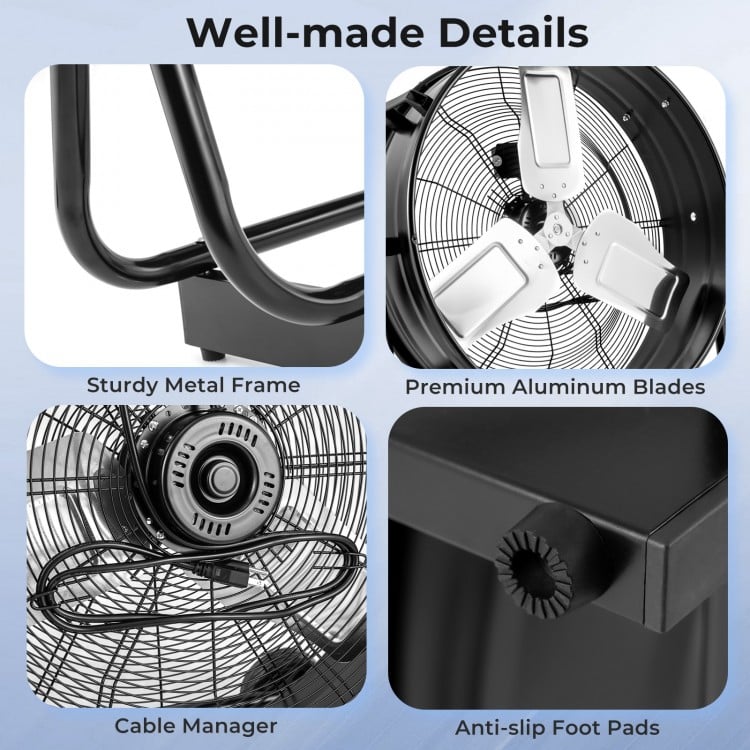 Close-up of the Industrial Drum Fan's premium aluminum blades and sturdy metal frame, featuring anti-slip foot pads.