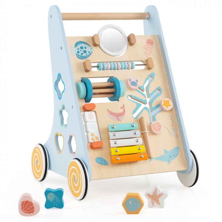 Wooden baby walker activity center in blue with xylophone, mirror, and shape sorters for learning and play.