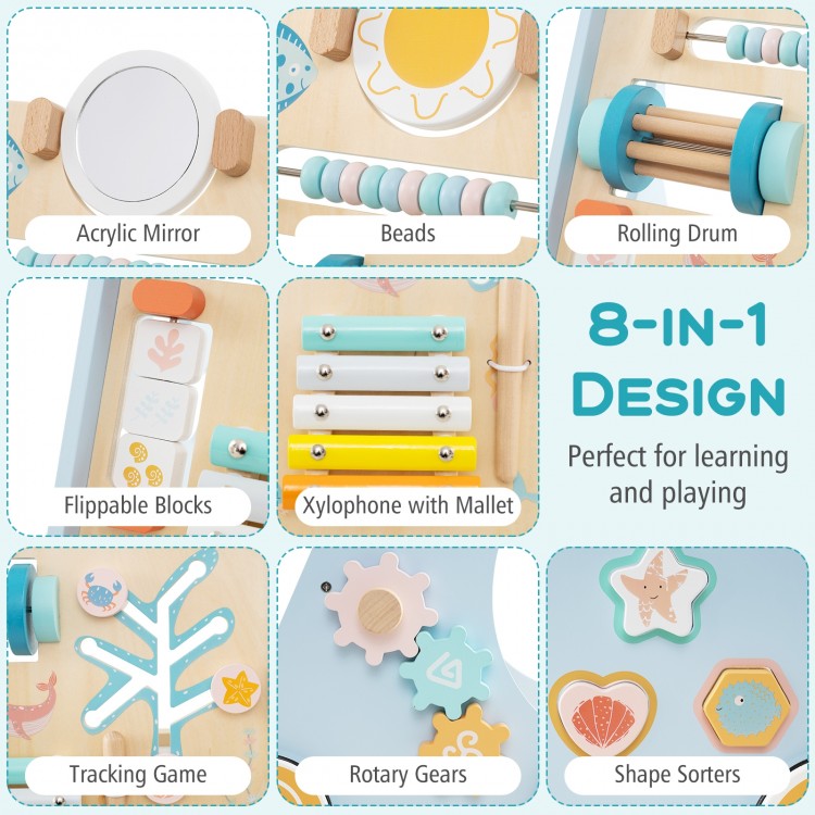 Wooden baby walker activity center in blue with 8-in-1 design, including xylophone, shape sorters, and rolling drum.
