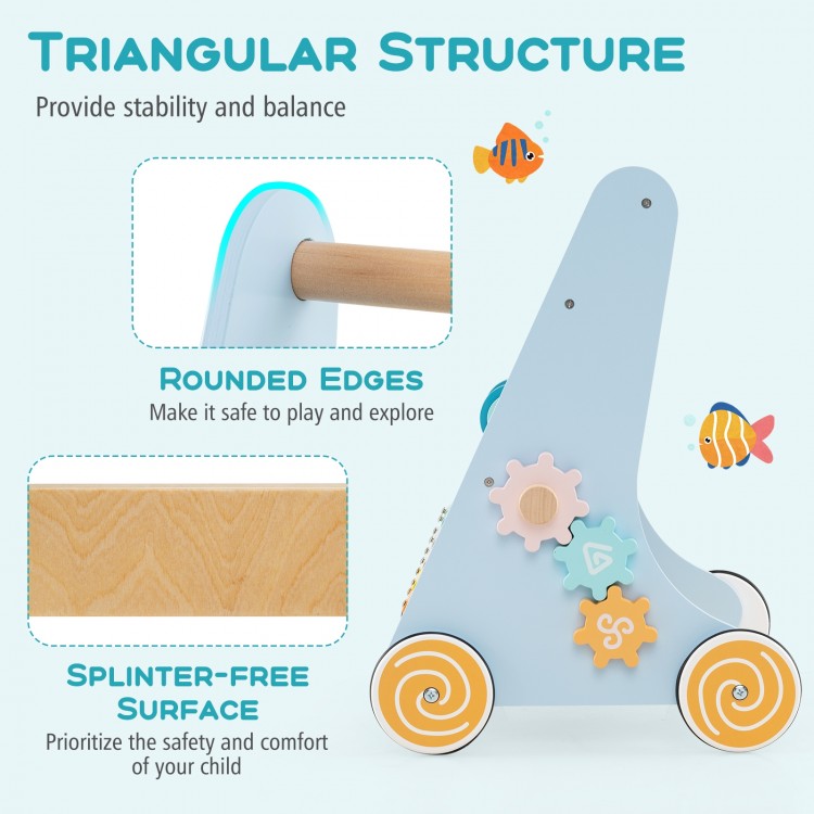 Wooden baby walker in blue with triangular structure, rounded edges, and smooth-rolling wheels for safe exploration.
