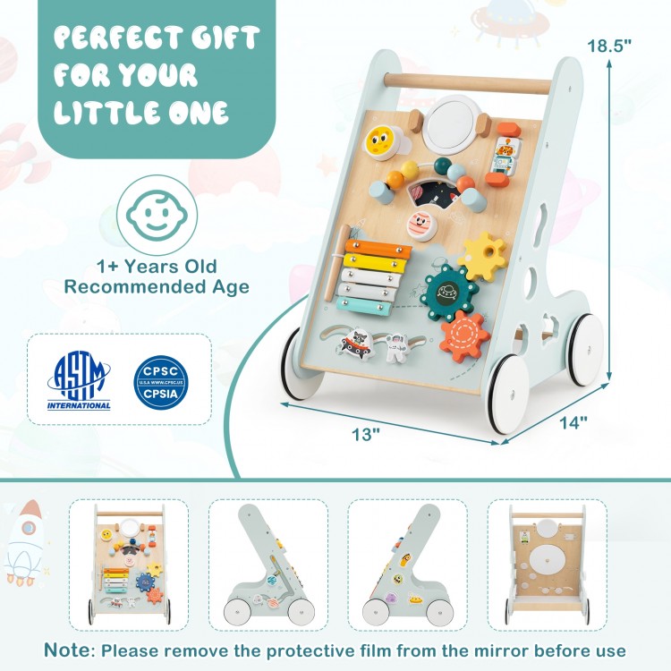 Wooden baby walker in green with wheels, featuring a mirror, xylophone, and activity blocks for toddlers 1+ years old.