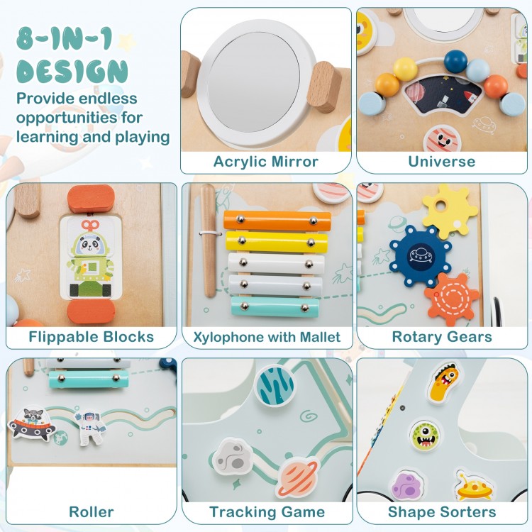 Wooden baby walker activity center in green featuring a xylophone, flippable blocks, and a rotatable acrylic mirror.