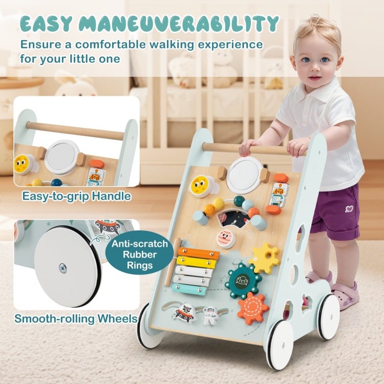 Wooden baby walker in green with smooth-rolling wheels, easy-to-grip handle, and 8-in-1 learning features for toddlers.